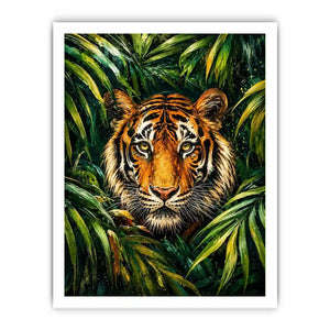 Majestic tiger emerging through lush green jungle foliage in expressive wildlife painting style