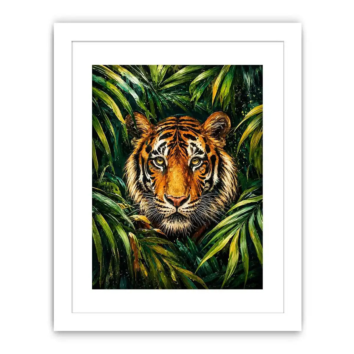 Majestic tiger emerging through lush green jungle foliage in expressive wildlife painting style