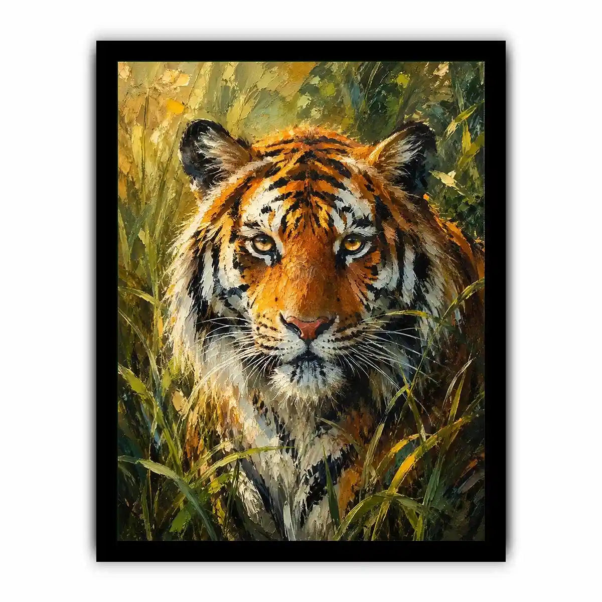Majestic tiger portrait surrounded by lush jungle foliage in expressive wildlife painting style