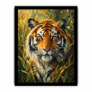 Majestic tiger portrait surrounded by lush jungle foliage in expressive wildlife painting style
