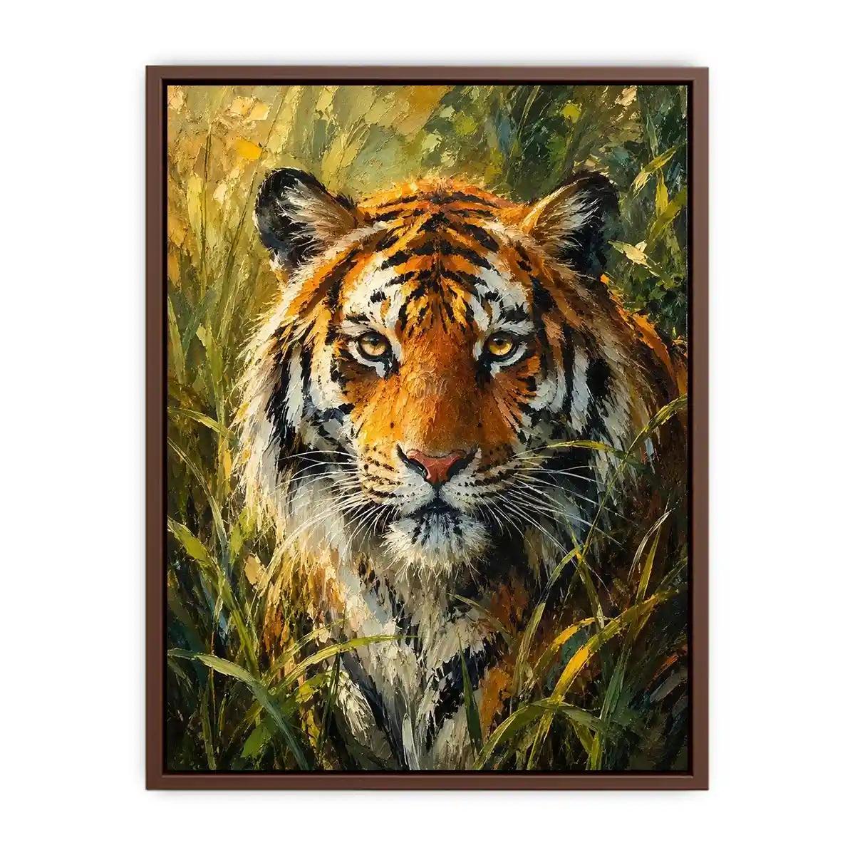 Majestic tiger portrait surrounded by lush jungle foliage in expressive wildlife painting style
