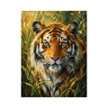 Majestic tiger portrait surrounded by lush jungle foliage in expressive wildlife painting style