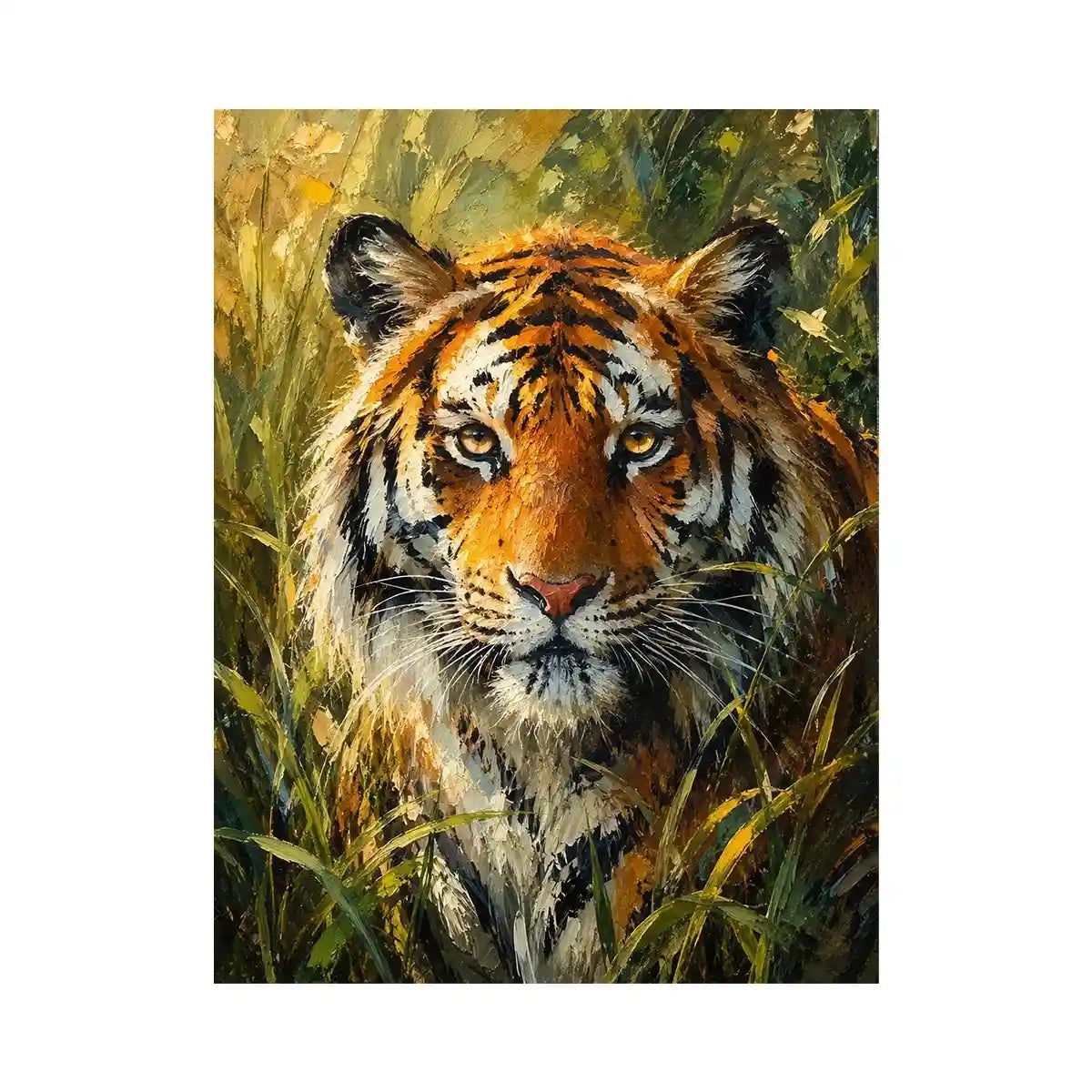 Majestic tiger portrait surrounded by lush jungle foliage in expressive wildlife painting style