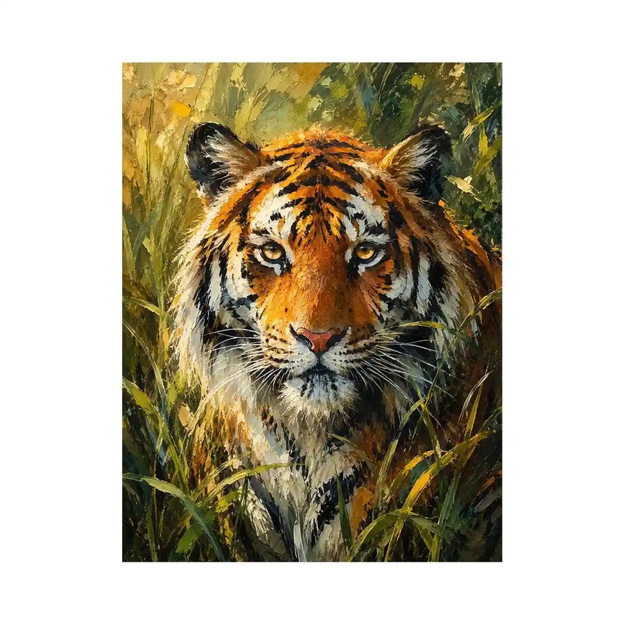 Majestic tiger portrait surrounded by lush jungle foliage in expressive wildlife painting style