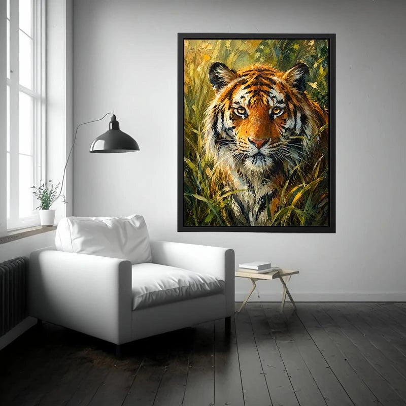 Majestic tiger portrait surrounded by lush jungle foliage in expressive wildlife painting style