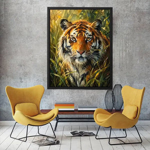 Majestic tiger portrait surrounded by lush jungle foliage in expressive wildlife painting style