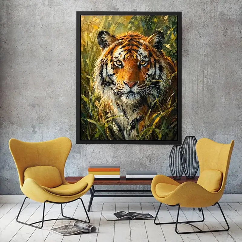 Majestic tiger portrait surrounded by lush jungle foliage in expressive wildlife painting style