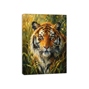 Majestic tiger portrait surrounded by lush jungle foliage in expressive wildlife painting style