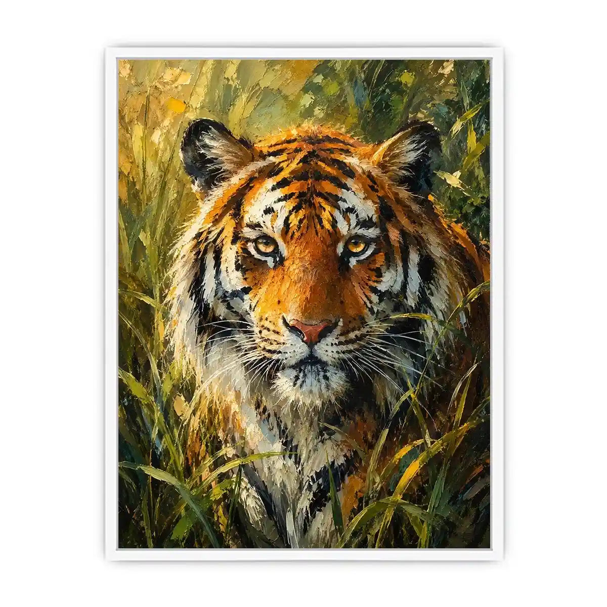 Majestic tiger portrait surrounded by lush jungle foliage in expressive wildlife painting style