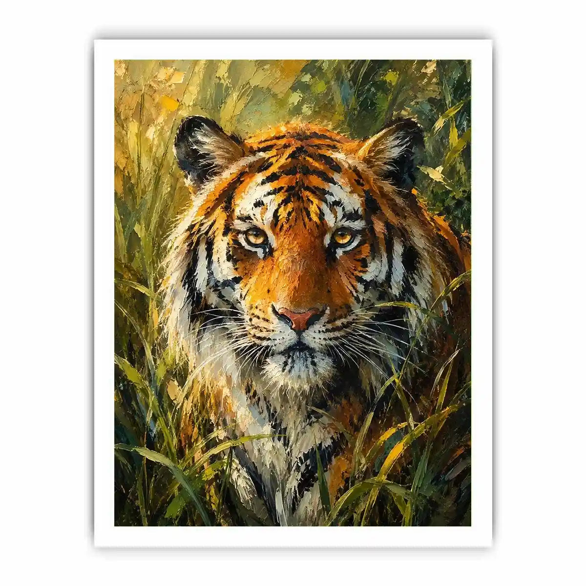 Majestic tiger portrait surrounded by lush jungle foliage in expressive wildlife painting style