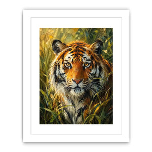 Majestic tiger portrait surrounded by lush jungle foliage in expressive wildlife painting style