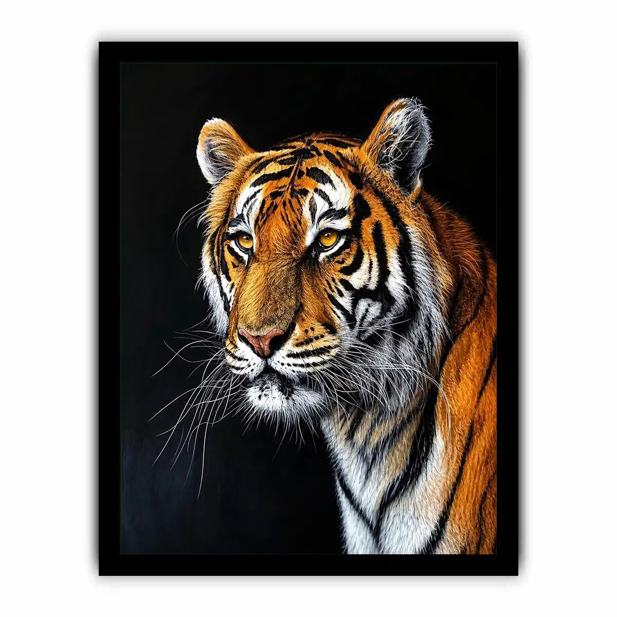 Elegant tiger portrait with expressive brushwork against a dramatic dark background