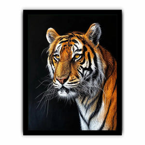 Elegant tiger portrait with expressive brushwork against a dramatic dark background