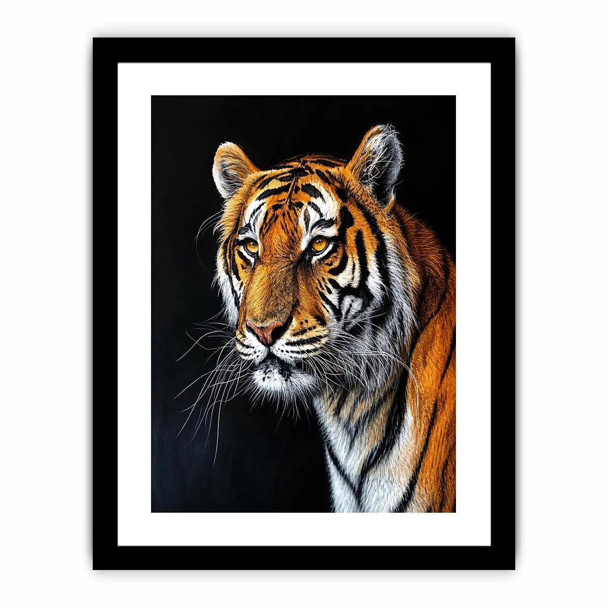 Elegant tiger portrait with expressive brushwork against a dramatic dark background