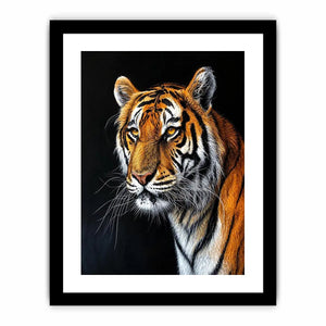 Elegant tiger portrait with expressive brushwork against a dramatic dark background