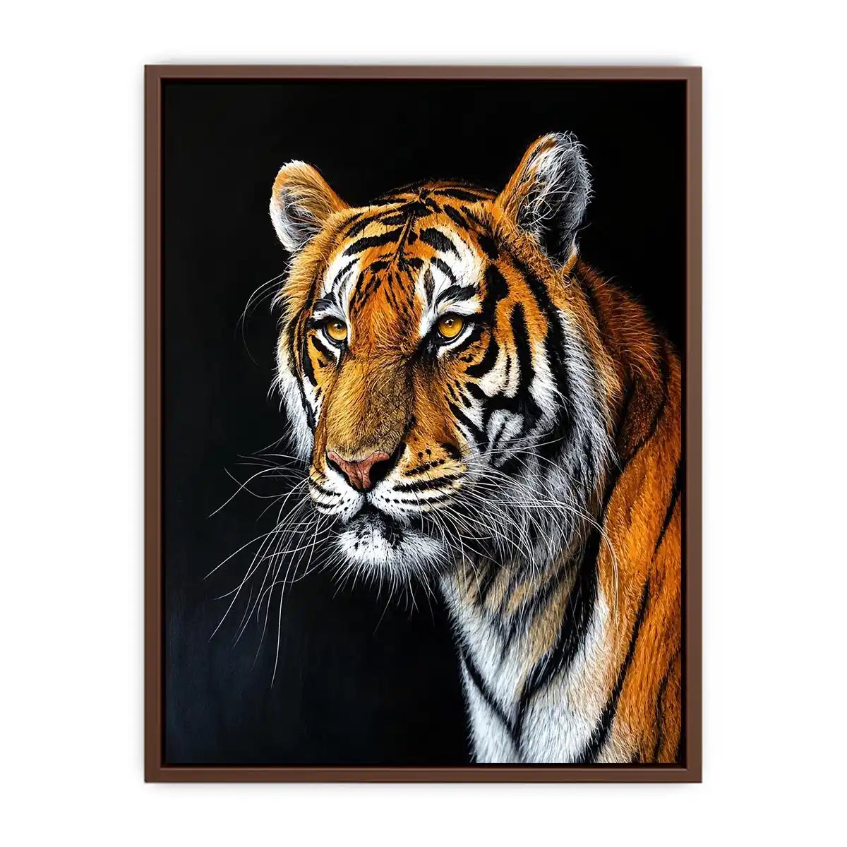Elegant tiger portrait with expressive brushwork against a dramatic dark background