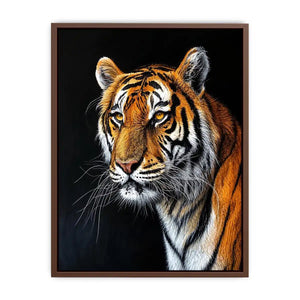 Elegant tiger portrait with expressive brushwork against a dramatic dark background