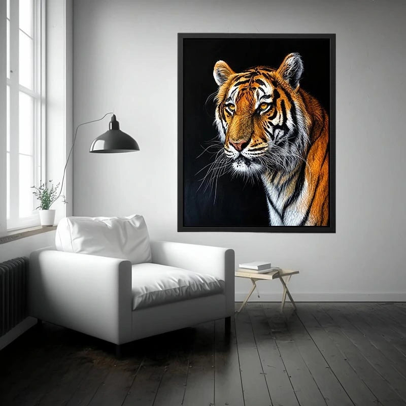 Elegant tiger portrait with expressive brushwork against a dramatic dark background