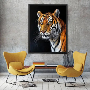 Elegant tiger portrait with expressive brushwork against a dramatic dark background