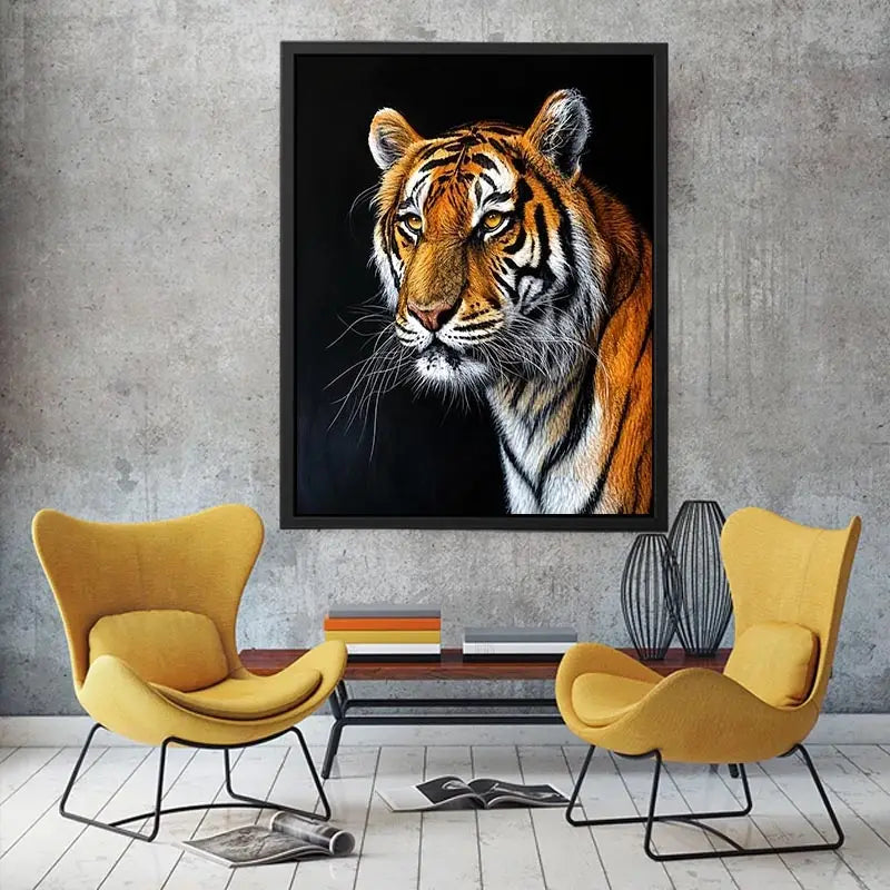 Elegant tiger portrait with expressive brushwork against a dramatic dark background