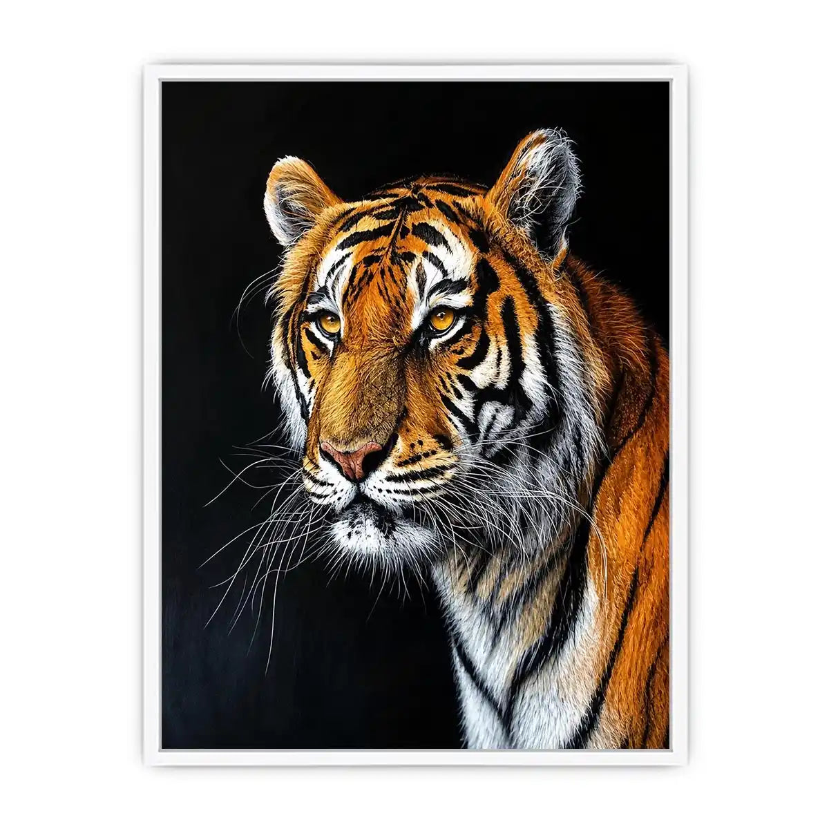 Elegant tiger portrait with expressive brushwork against a dramatic dark background