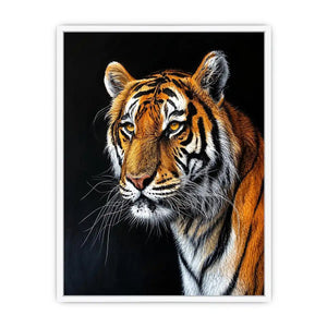 Elegant tiger portrait with expressive brushwork against a dramatic dark background