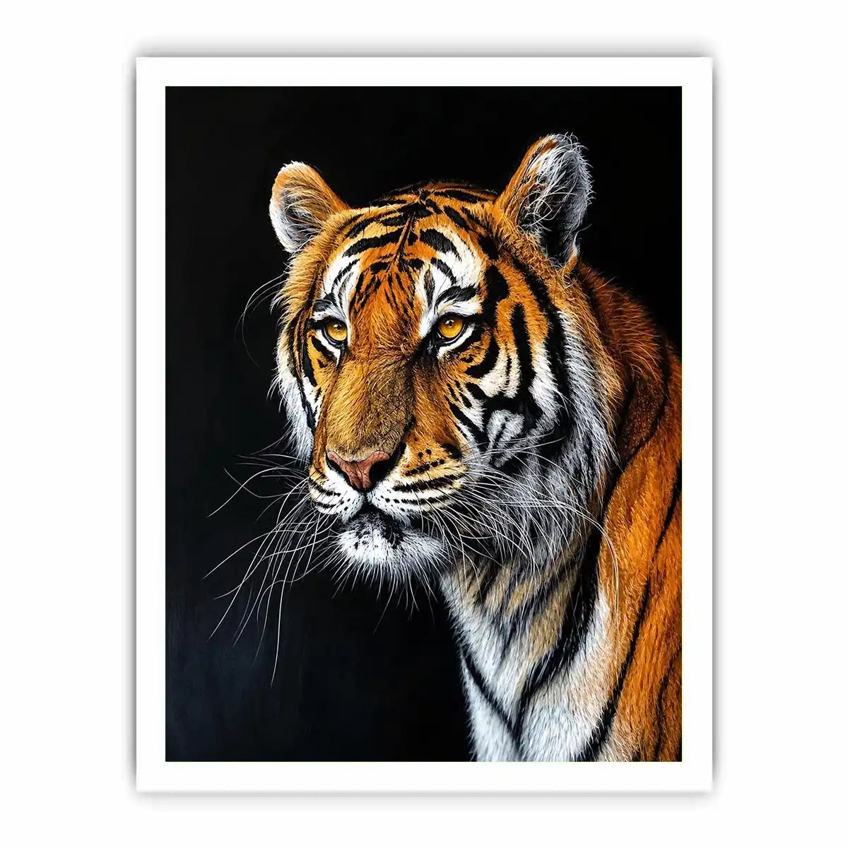 Elegant tiger portrait with expressive brushwork against a dramatic dark background