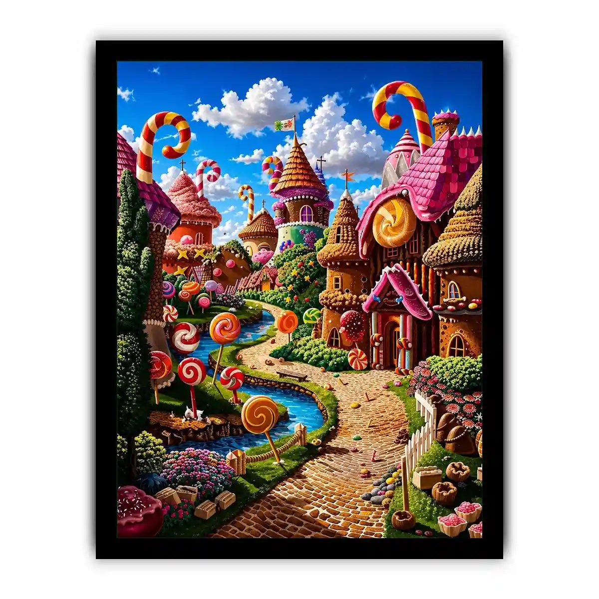 Fantasy candy village canvas wall art for colorful modern living room decor.
