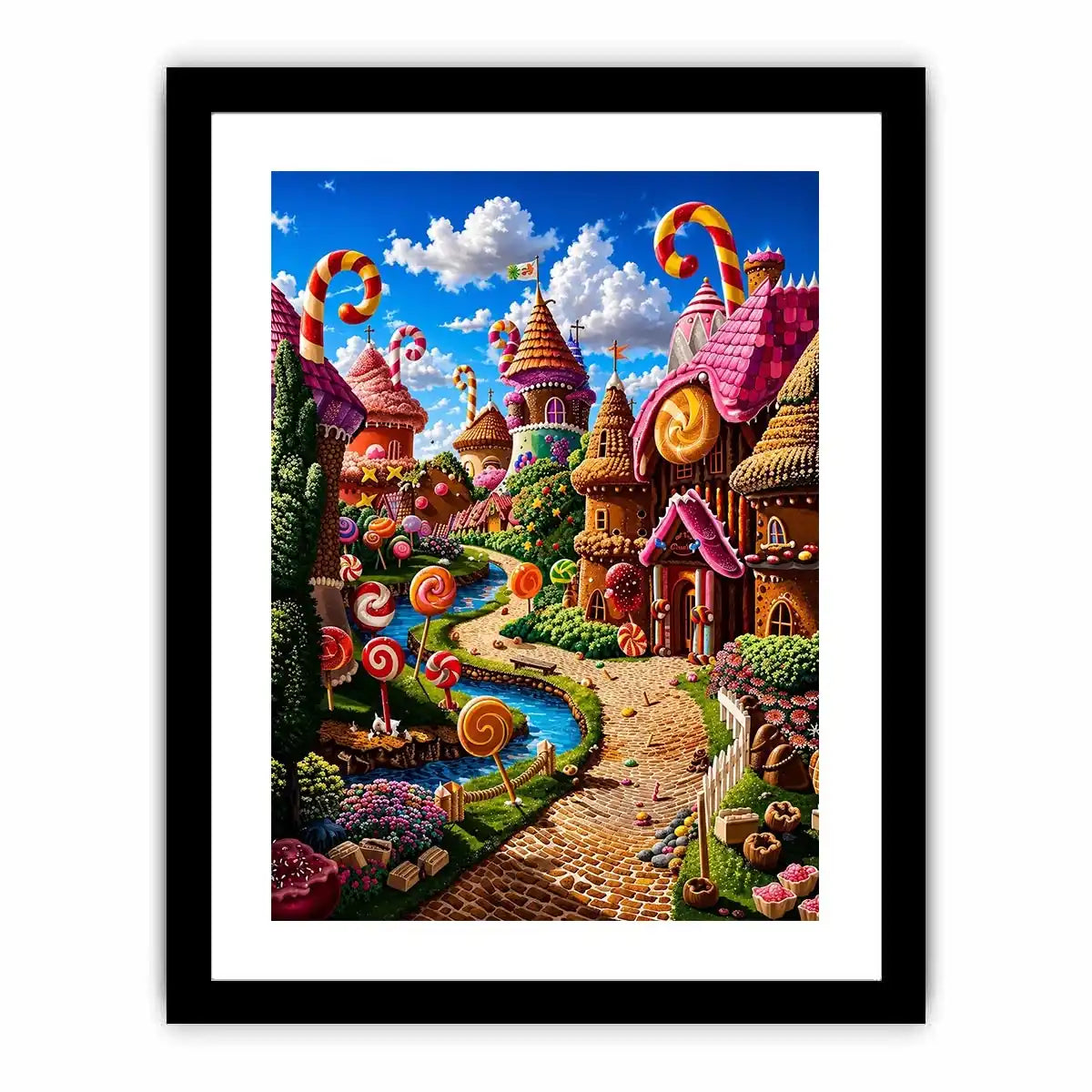 Fantasy candy village canvas wall art for colorful modern living room decor.