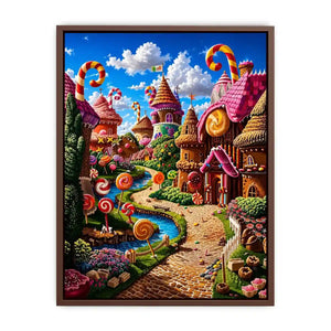 Fantasy candy village canvas wall art for colorful modern living room decor.