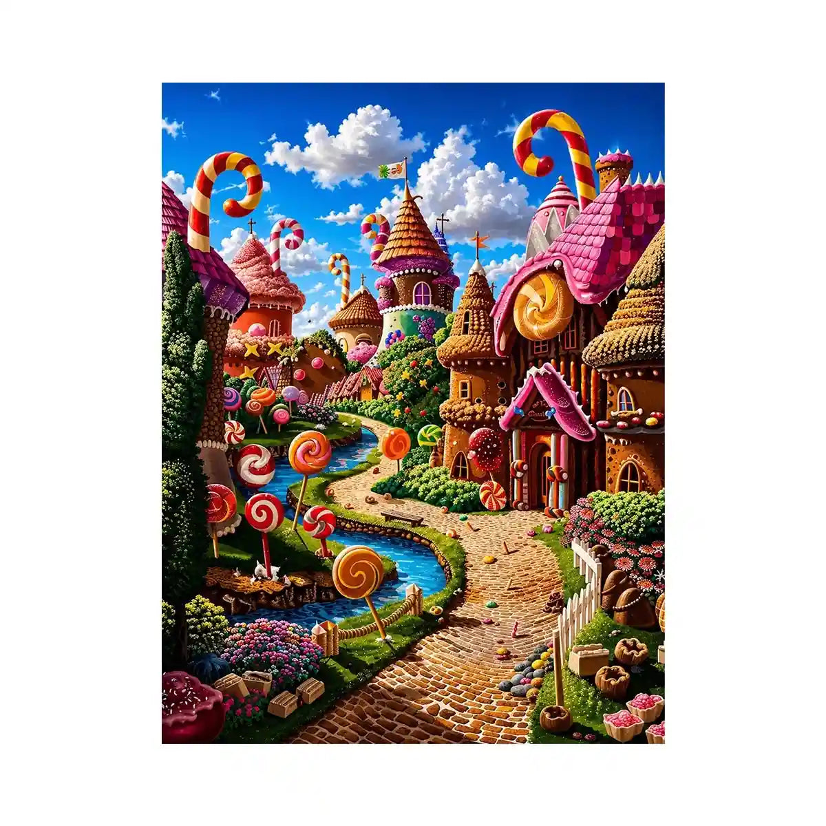 Fantasy candy village canvas wall art for colorful modern living room decor.