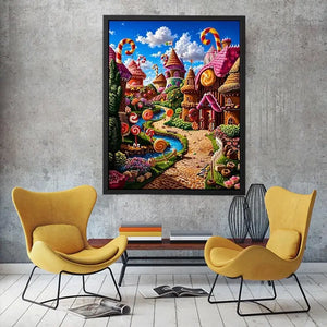 Fantasy candy village canvas wall art for colorful modern living room decor.