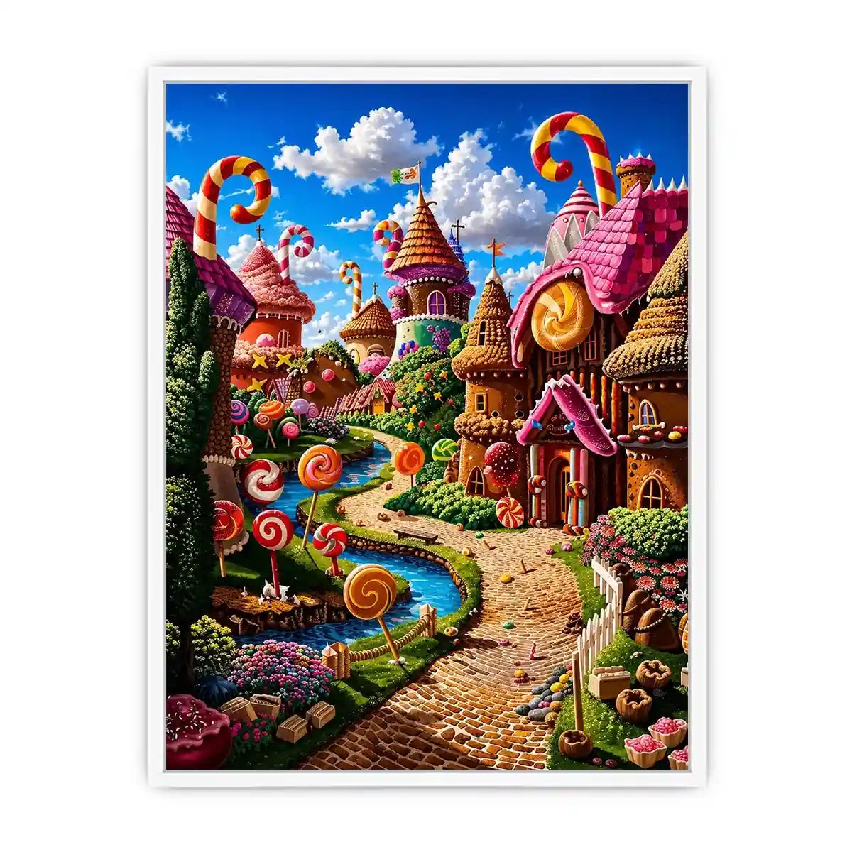 Fantasy candy village canvas wall art for colorful modern living room decor.