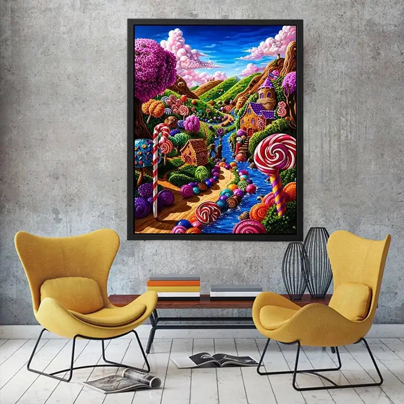 Whimsical candyland canvas wall art for colorful nursery and modern playroom decor.