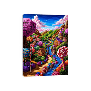 Whimsical candyland canvas wall art for colorful nursery and modern playroom decor.