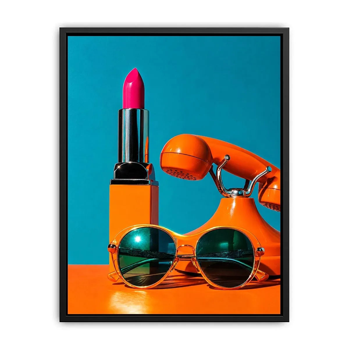 Retro fashion pop art canvas featuring lipstick, sunglasses, and vintage phone for stylish modern decor.
