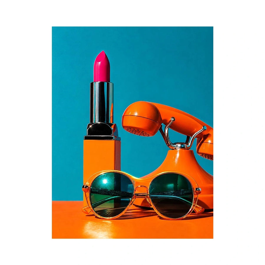 Retro fashion pop art canvas featuring lipstick, sunglasses, and vintage phone for stylish modern decor.