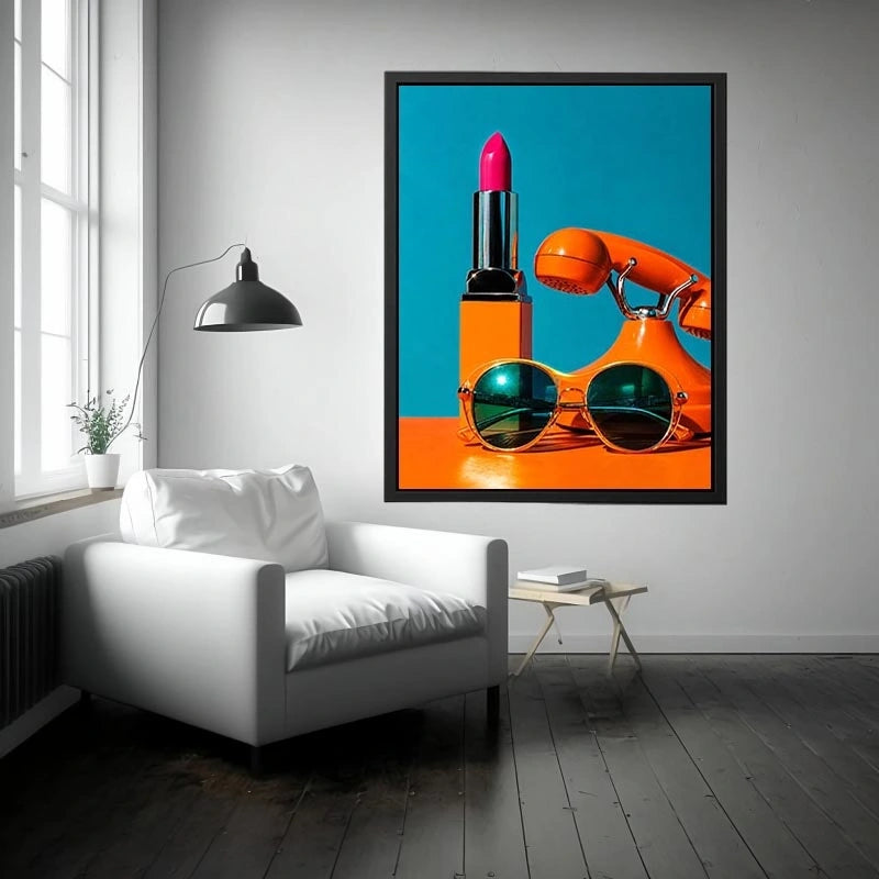 Retro fashion pop art canvas featuring lipstick, sunglasses, and vintage phone for stylish modern decor.