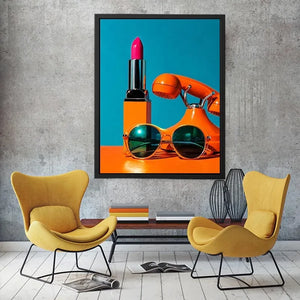 Retro fashion pop art canvas featuring lipstick, sunglasses, and vintage phone for stylish modern decor.