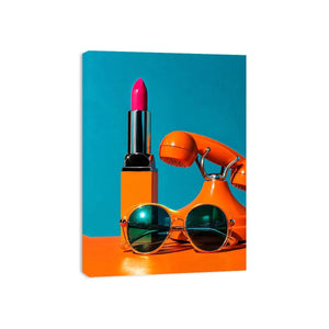 Retro fashion pop art canvas featuring lipstick, sunglasses, and vintage phone for stylish modern decor.