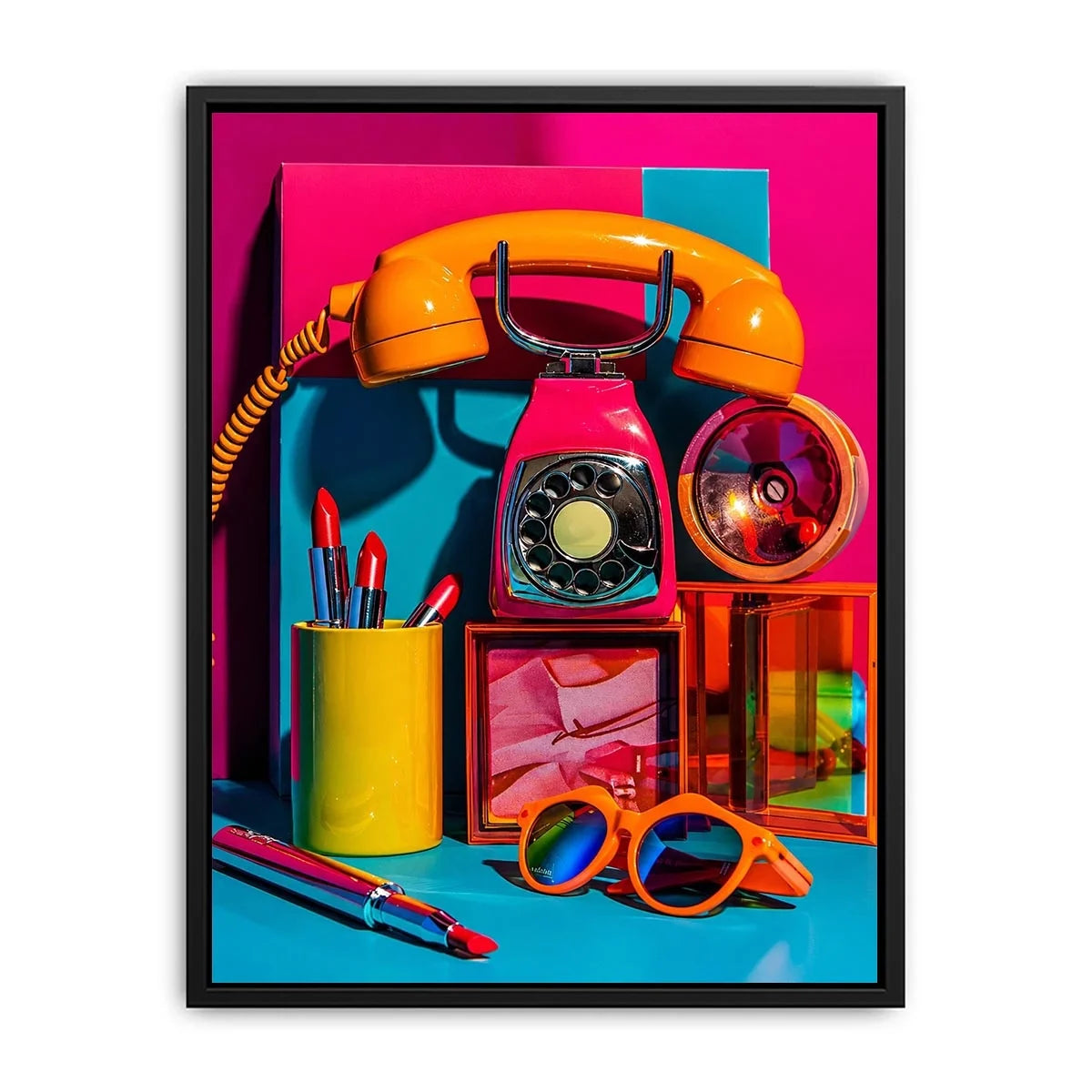 Retro neon fashion canvas wall art with vintage phone, lipstick, and sunglasses for modern glam decor.