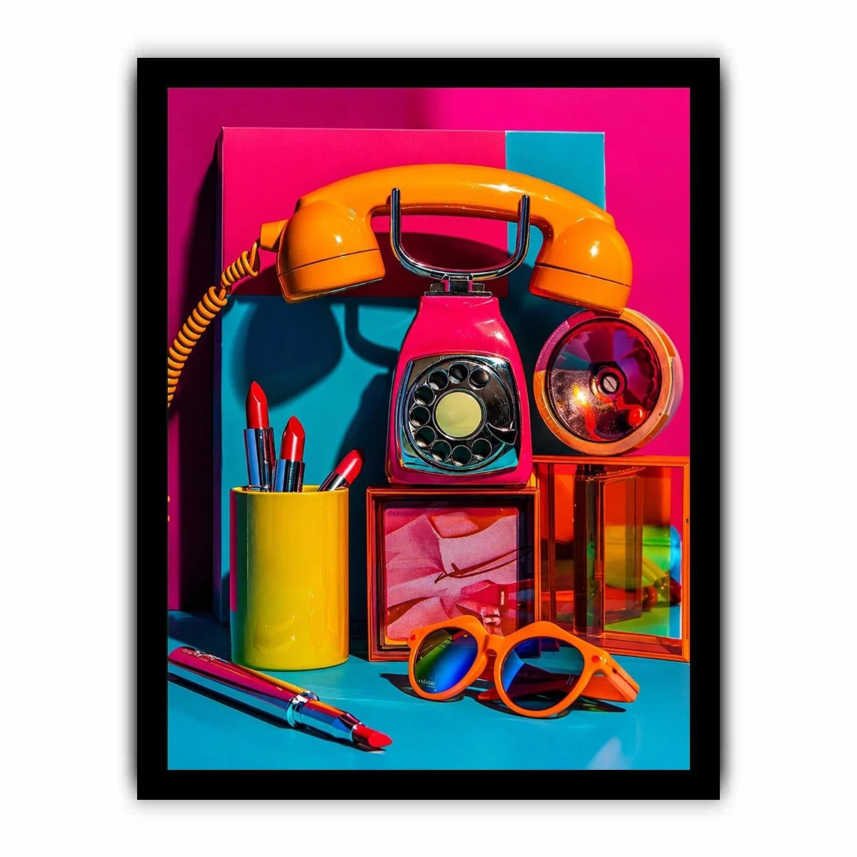 Retro neon fashion canvas wall art with vintage phone, lipstick, and sunglasses for modern glam decor.
