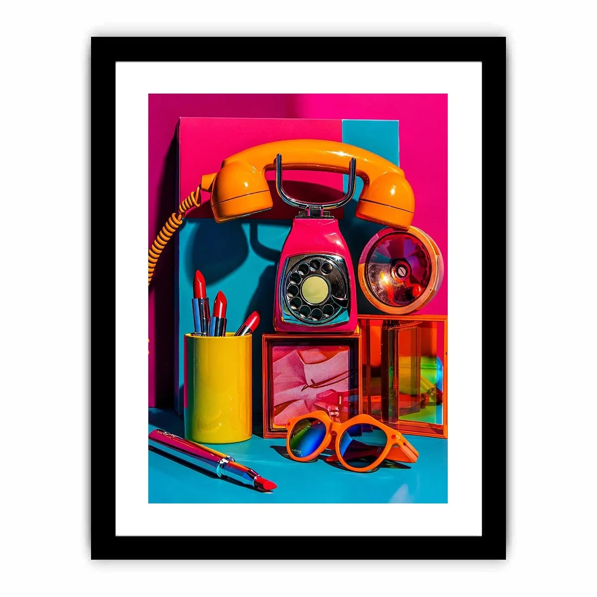 Retro neon fashion canvas wall art with vintage phone, lipstick, and sunglasses for modern glam decor.