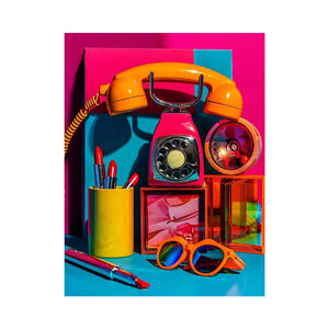 Retro neon fashion canvas wall art with vintage phone, lipstick, and sunglasses for modern glam decor.