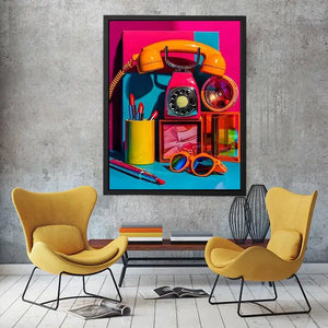 Retro neon fashion canvas wall art with vintage phone, lipstick, and sunglasses for modern glam decor.