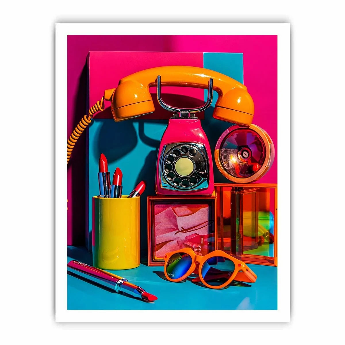 Retro neon fashion canvas wall art with vintage phone, lipstick, and sunglasses for modern glam decor.