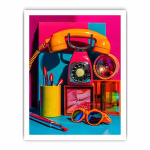 Retro neon fashion canvas wall art with vintage phone, lipstick, and sunglasses for modern glam decor.