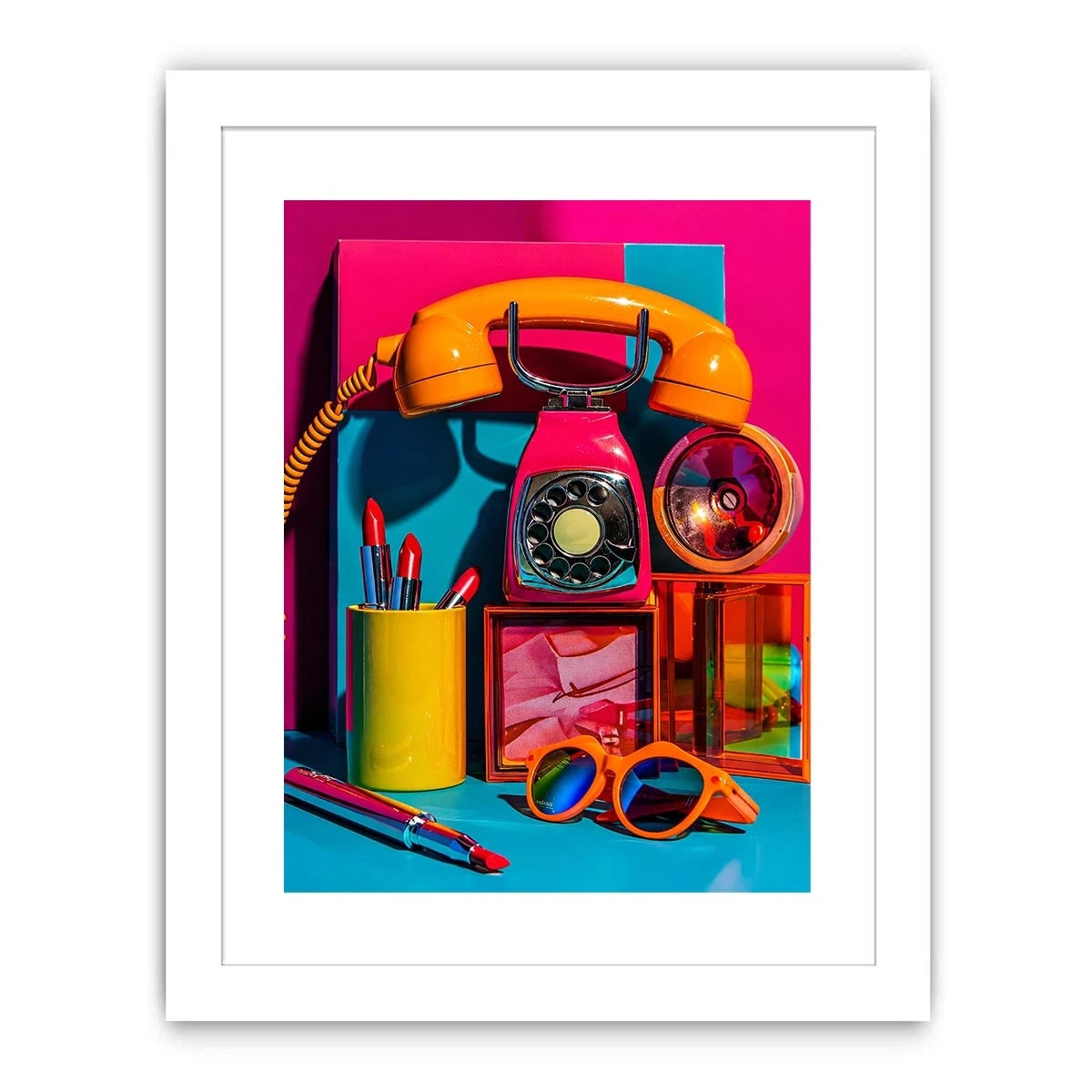 Retro neon fashion canvas wall art with vintage phone, lipstick, and sunglasses for modern glam decor.