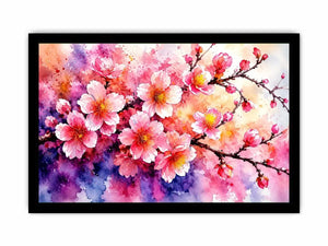 Pink cherry blossom watercolor canvas wall art for serene bedroom and modern living room decor.