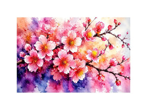 Pink cherry blossom watercolor canvas wall art for serene bedroom and modern living room decor.